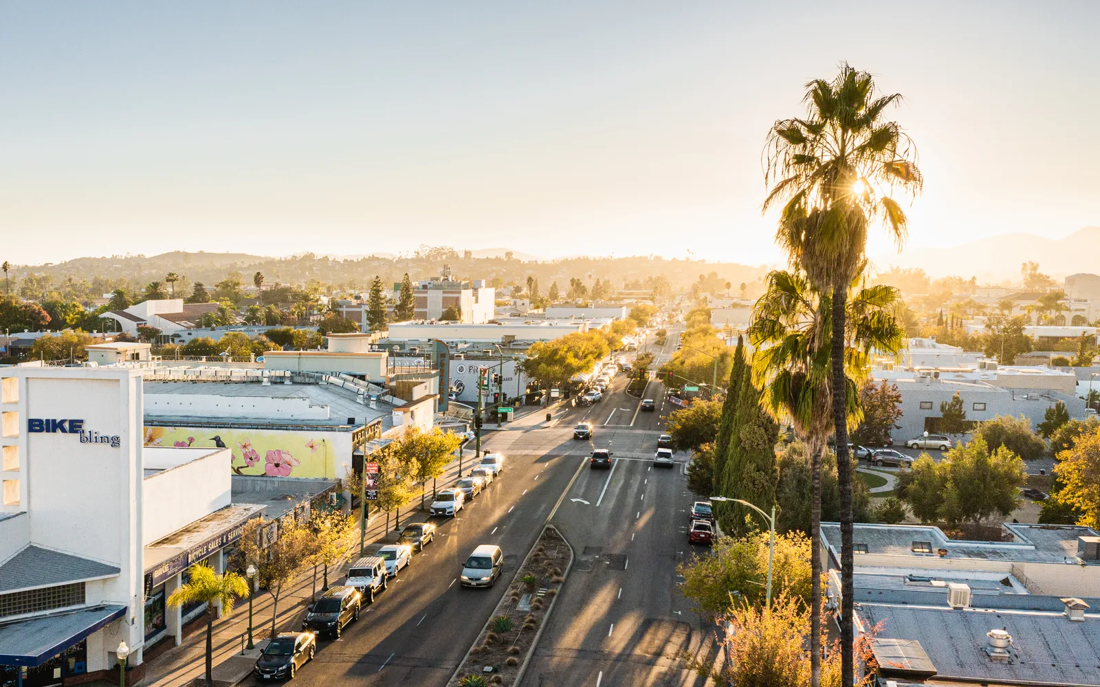 Aerial view of a historic downtown district with preserved commercial buildings